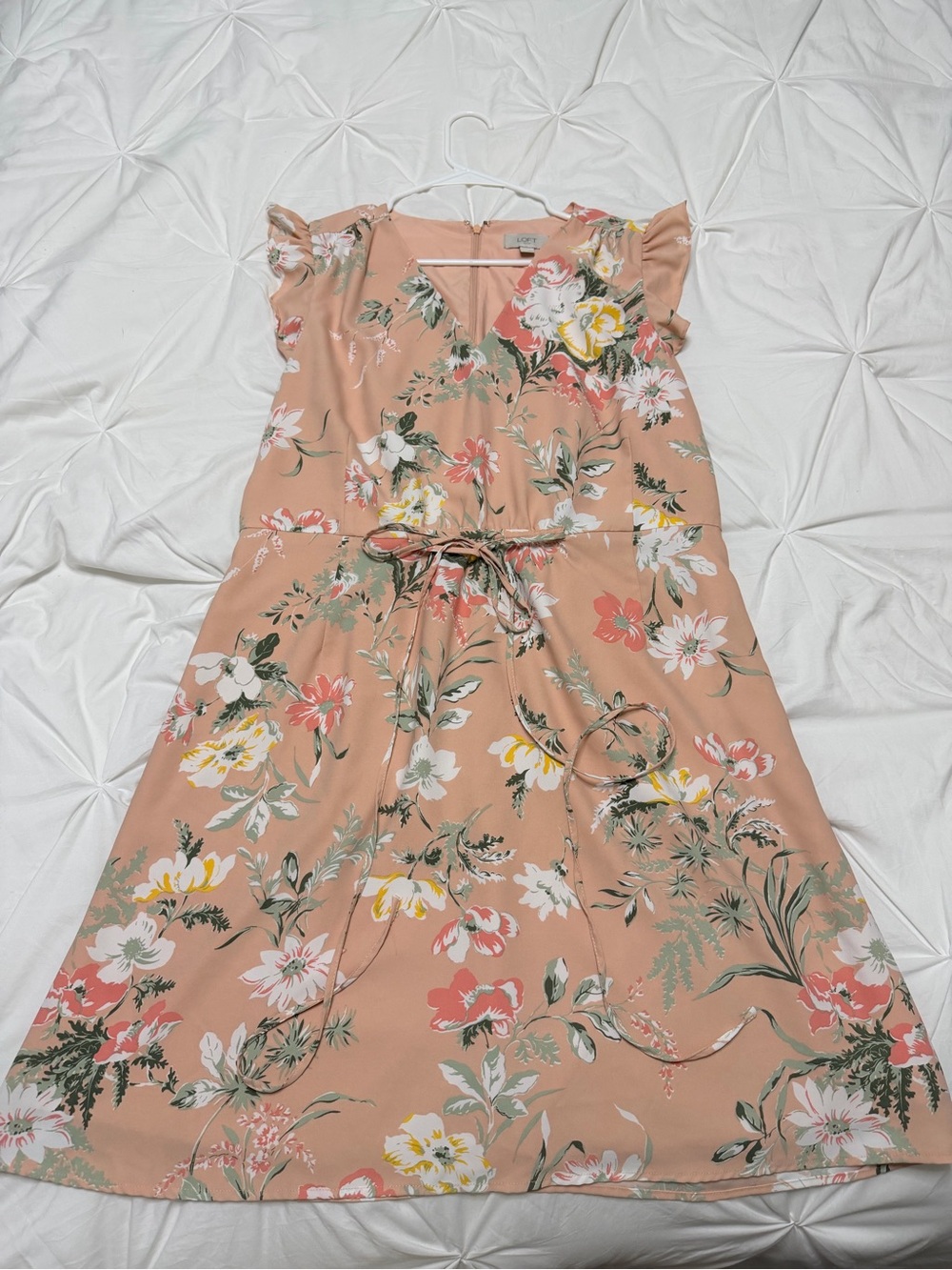 LOFT Peach Floral Tie-Waist Dress